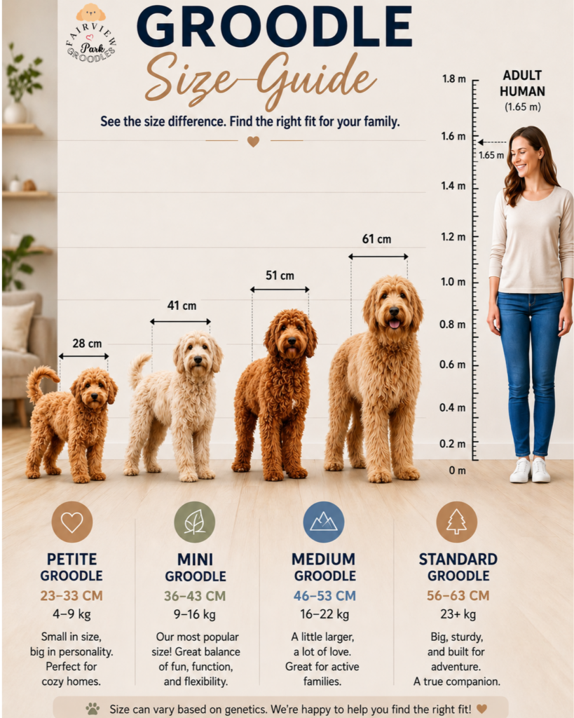 Groodle size guide infographic comparing petite, mini, medium and standard Groodle sizes beside an adult human