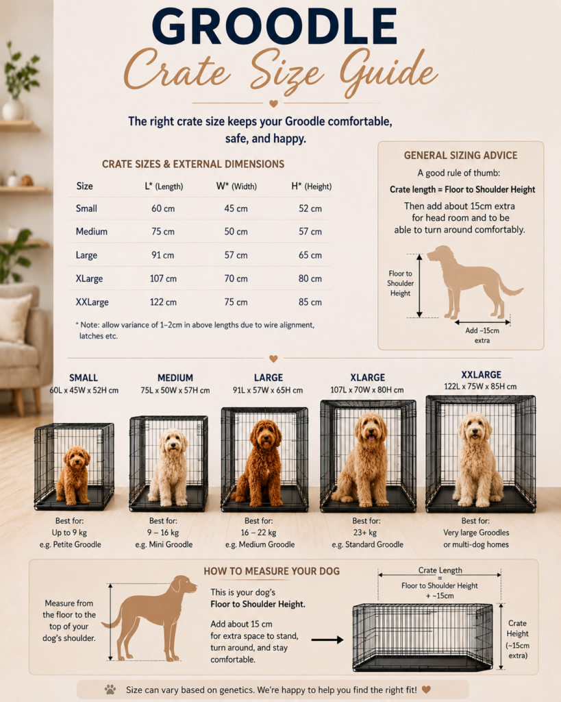 Groodle crate size guide infographic showing recommended crate sizes for mini, medium and standard Groodles
